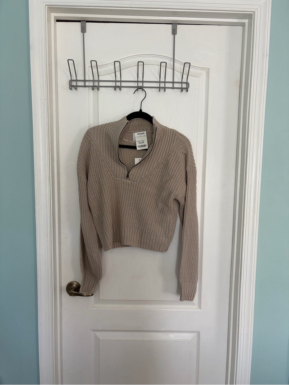 Cropped Beige Knit Half-Zip Sweater for Women